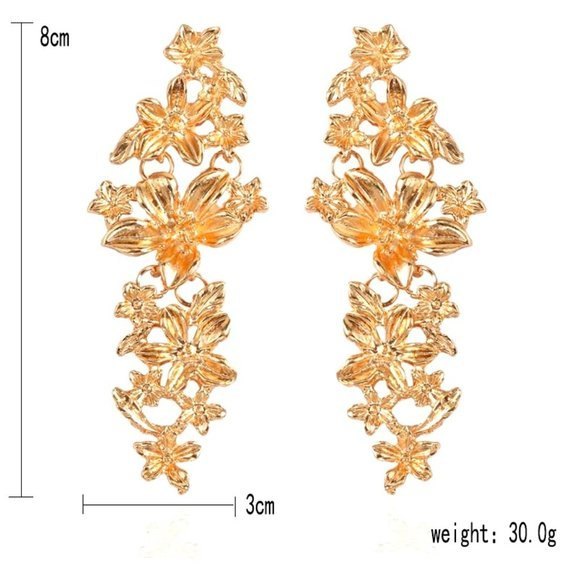 Gold Post Back Exaggerated Cascading Magnolias Drop Statement Earrings - Picture 2 of 9